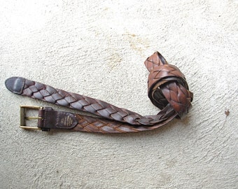 Vintage 80's distressed brown leather belt, braided leather belt, size 38 to 40 large