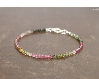 Watermelon Tourmaline Bracelet, Multi Stone, Watermelon Tourmaline Jewelry, Multicolored Ombre Gemstone Jewelry