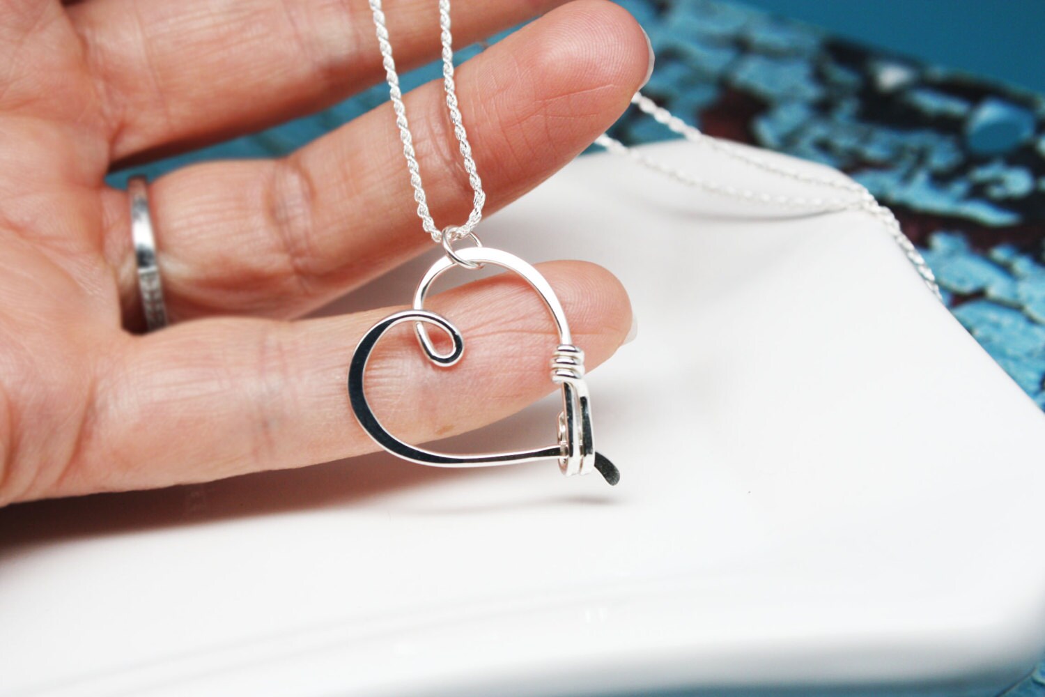 Ring Holder Necklace in Sterling Silver Heart Clasp Ring