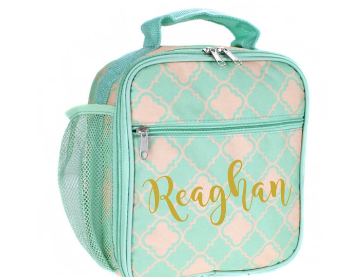 Teal and Coral Quatrefoil Monogrammed Lunch Bag, Kids Lunchbox, Insulated Cooler Tote, Personalized Name, Back to School, School Supplies