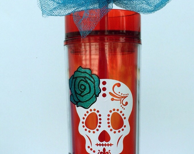 Sugar Skull Personalized Tumbler with Straw- Womens Personalized Gift, Custom Perrsonlalized Water Bottle, Skinny Acrylic Double Walled