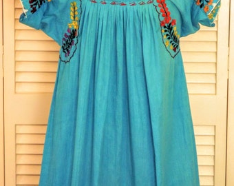 Mexican Dress, Embroidered Womens Dress, Traditional Mexican Dress, Long Blue Colorful Dress, Size Small 5 7