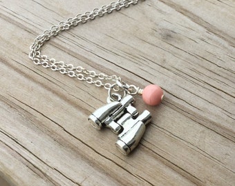 Binoculars Necklace -Binocular Charm with an accent bead in your choice of colors