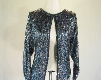 Diva Fringe Sequin Rainbow Fish Cardigan Jacket Top Glam
