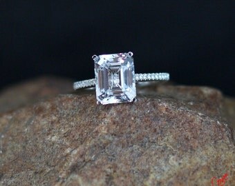 Ready to Ship-White Sapphire Engagement Ring Emerald Solitaire Cathedral 3.5ct 10x8mm Silver Rhodium Sz 6.5-Wedding-Anniversary