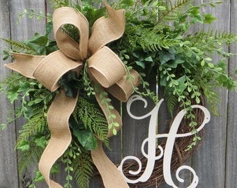 Door Wreath, Monogram Wreath, Burlap Wreath, Greenery Wreath for All Year Round, Everyday Wreath, Green Wreath, Natural Wild Front Door