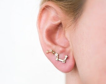 Constellation earrings, YELLOW GOLD SOLID, star ear climber, solid gold, ear cuff, Big Dipper, earrings galaxy jewelry, star earrings space