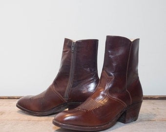 7 D | Men's 1970's Spanish Dan Post Boots Brown Leather Zipper Ankle Boots / Beatle Boots / Packer Heels