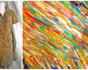 1960's Vintage Mini Dress Psychedelic Print Dress Rainbow Paint Streaks Plus Size 46 x 44 x 48