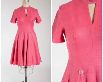 Vintage 1950s Dress • Sultry Smiles • Pink Linen Blend 50s Cocktail Dress with Rhinestone Accents Size Medium