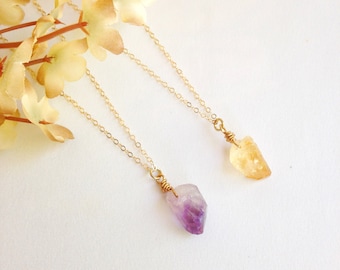 Raw gemstone necklace, amethyst necklace, citrine necklace, raw crystal necklace, boho modern necklace, simple necklace, bohemian layering