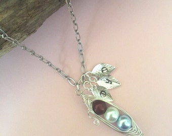 Birthstone pearl necklace, peas in a pod necklace, personalized initial necklace, silver leaves initial necklace, bridesmaid necklaces