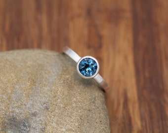 London Blue Topaz Ring - 6mm Matte Finish Solitaire Bezel Ring - Round Topaz Ring - Alternative Ring - Recycled - Engraveable Ring