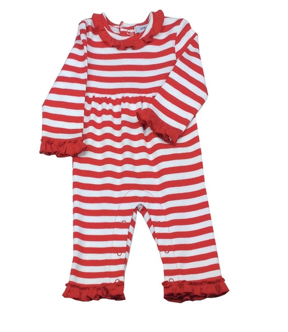 SALE Monogrammed Red Stripe Girl Romper Pajamas with