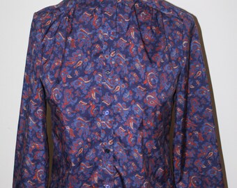 70s 80s Stranger Barb Blouse Top High Neck Blue Red Paisley Things, Long Sleeves Size M Medium