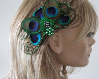 Bridal Peacock Feathers Fascinator Clip "Una" Plume de Paon Bride Bridesmaids Woodland Wedding Green 1920's Dance Party Gatsby Flapper