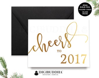 NEW YEARS CARDS Box Set Gold Foil Holiday Card Cheers to 2017 Gold Greeting Card Set Boxed Holiday Christmas Card & Black Envelopes - Marley