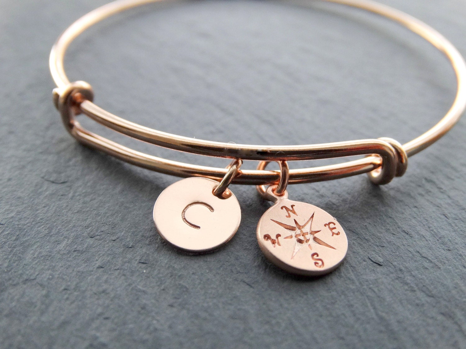 Bangle Bracelet with charms rose gold Compass Bracelet initial