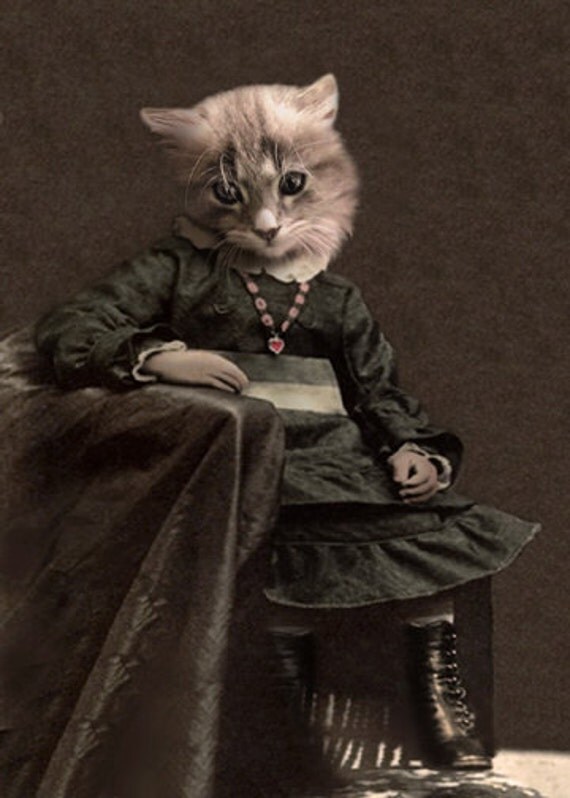 Leisl Vintage Cat Print Anthropomorphic Cat Altered Photo