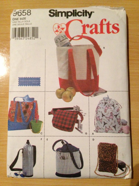 Simplicity Crafts 9658 Sewing Pattern Uncut Utility Bag Package Pajama Bag, Tote, Cell Phone Holder and Bottle Holder
