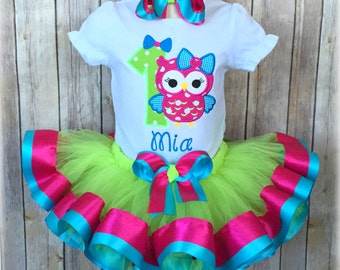 Owl Birthday Ribbon Trim Tutu Outfit - First Birthday Owl Tutu Outfit - Owl with Bow Ribbon Tutu Outfit