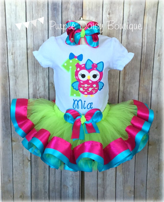 Owl Birthday Ribbon Trim Tutu Outfit First Birthday Owl Tutu