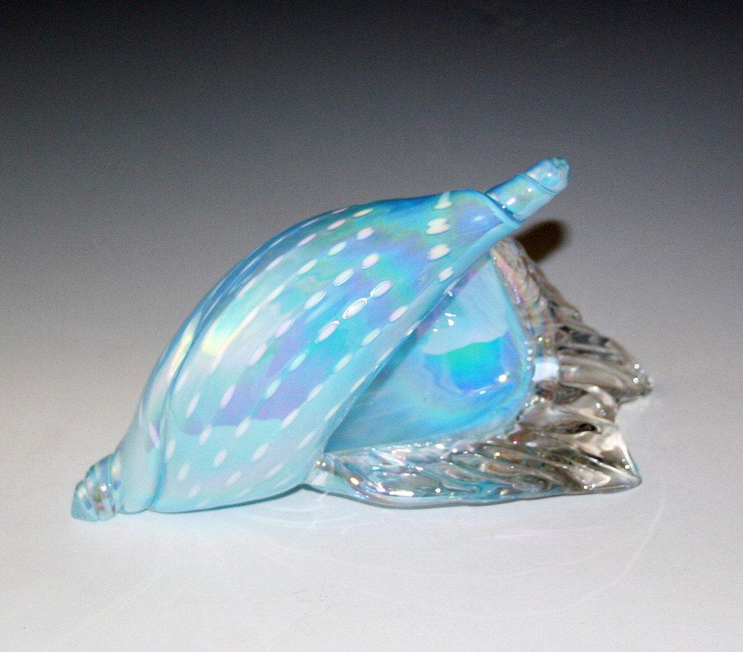 Hand Blown Glass Sea Shell Sculpture Opal Blue With White