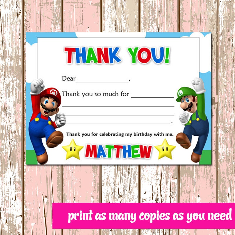 Super Mario Brothers Thank You Card Digital File by digitalparties