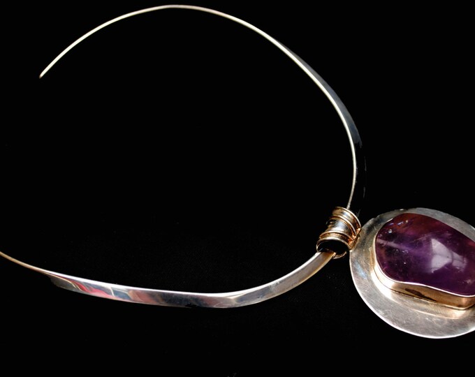 Bold Modernistic Amethyst Sterling necklace - sterling Silver collar Large Polished purple gemstone =Statement necklace