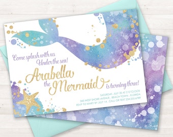 Mermaid Invitation, Mermaid Party Invite, Under the Sea Party Invitation, Teal Purple Gold, Little Mermaid, Birthday Invitation, Pool Party