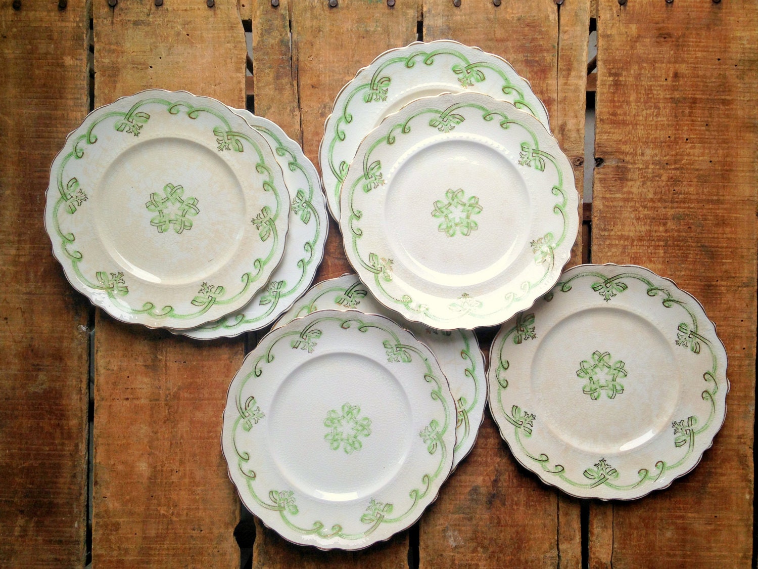 Antique China Plates Green Rolland Pattern Set