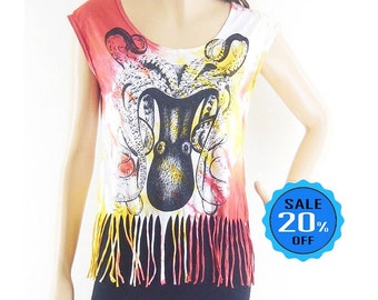 Octopus T Shirt Squid T Shirt squid Tank Top Dyed Fabrics Women Crop Top summer beach tees Ocean Octopus T-Shirt Screen Print Size M