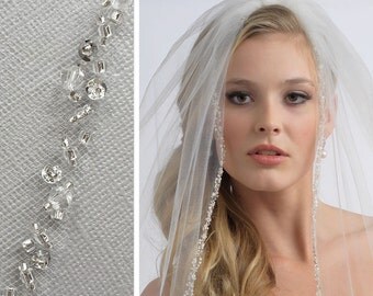 Wedding Veil, 1 Layer, Crystal Wedding Veil, Sequin Wedding Veil, Bridal Veil in Ivory and White, Fingertip Length, Elbow Length ~VB-5006