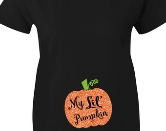 Pumpkin Halloween Maternity Shirts, My Lil Pumpkin Glitter Maternity Shirts for Halloween In Black