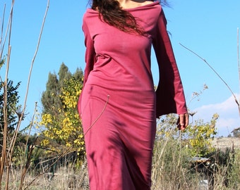 Dark red cotton dress, loose long dress, comfy clothing, loose cowl neck dress, casual autumn winter dress, comfy dress
