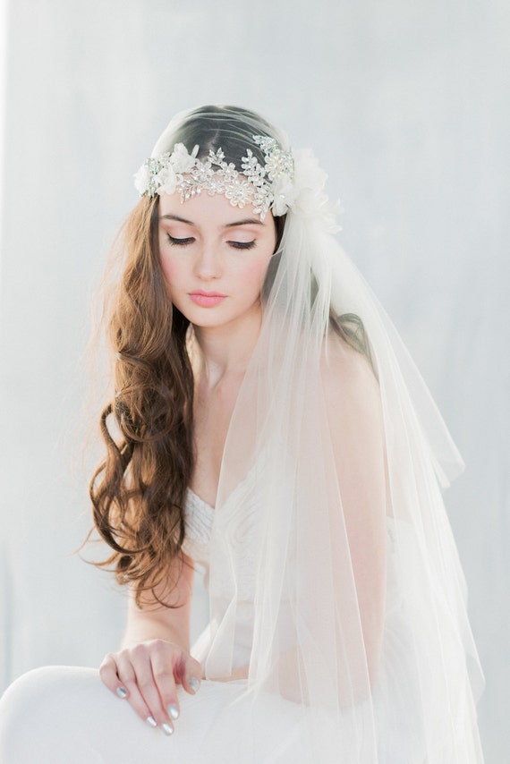 Crystal Juliet Veil, Lace Juliet Veil, Crystal Veil, Flower Veil, Ivory Veil, Beaded Veil, Lace Veil, Lace Veil, Embroidered Veil ANTOINETTE