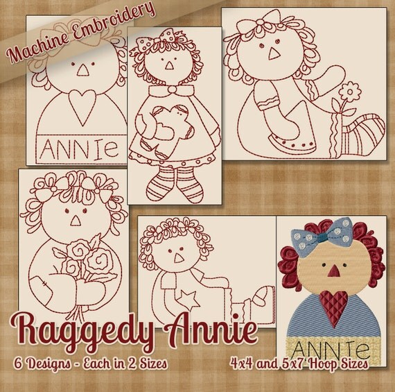 Redwork Raggedy Ann Annie Machine Embroidery Patterns