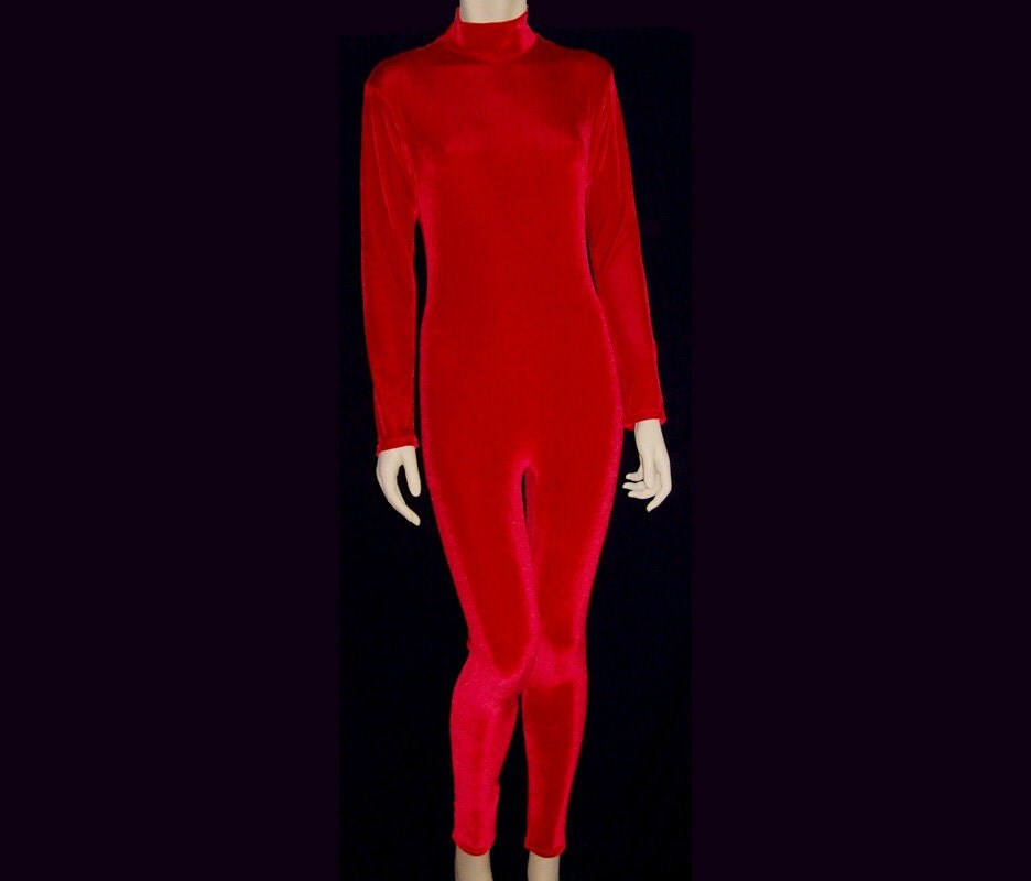 Red Stretch Velvet Unitard Catsuit Bodysuit Jumpsuit Unisex