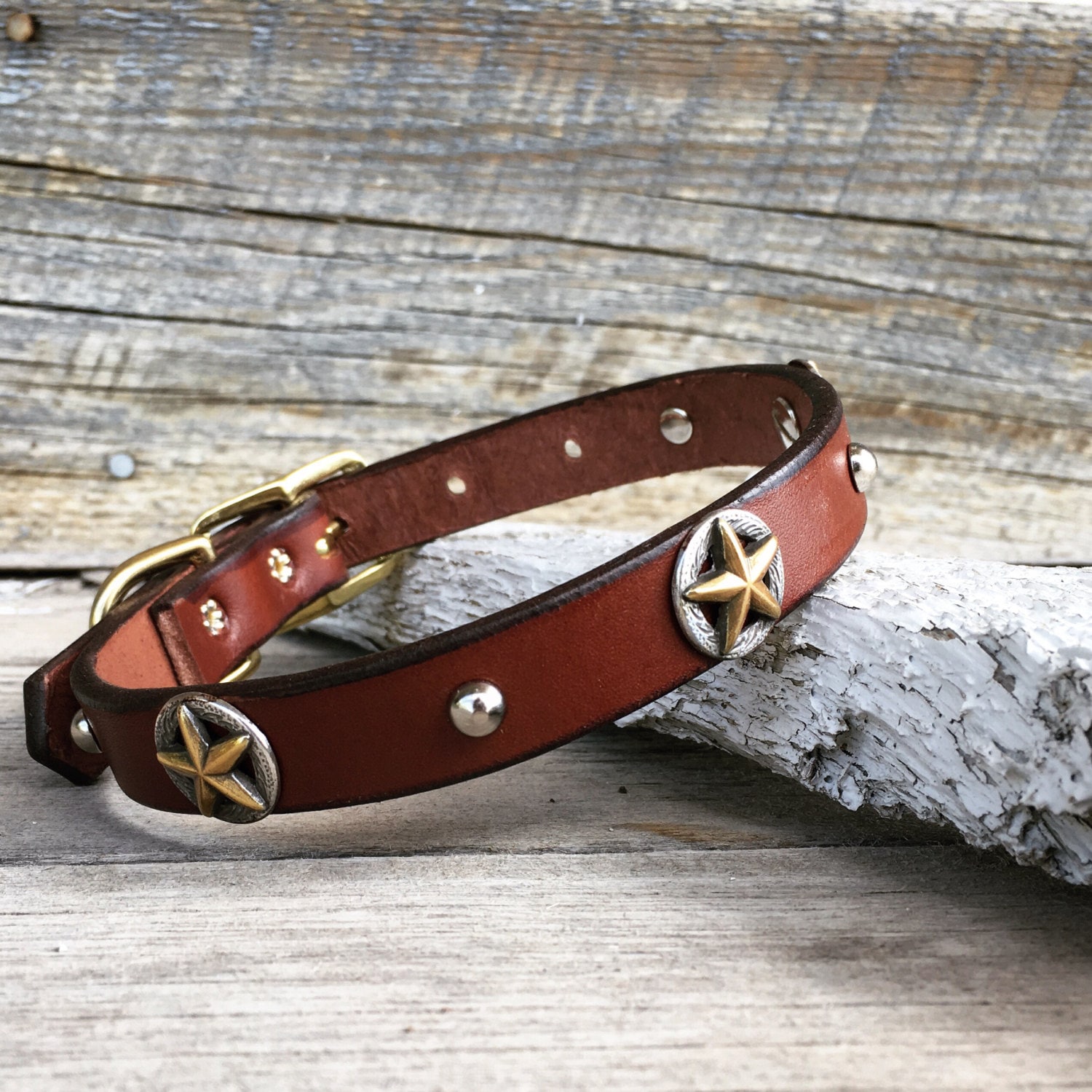 Leather Dog collar with star conchos texas star brown
