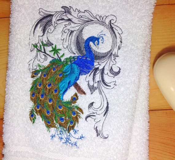Peacock Towels Embroidered Peacock Towel by TwistedStitches13