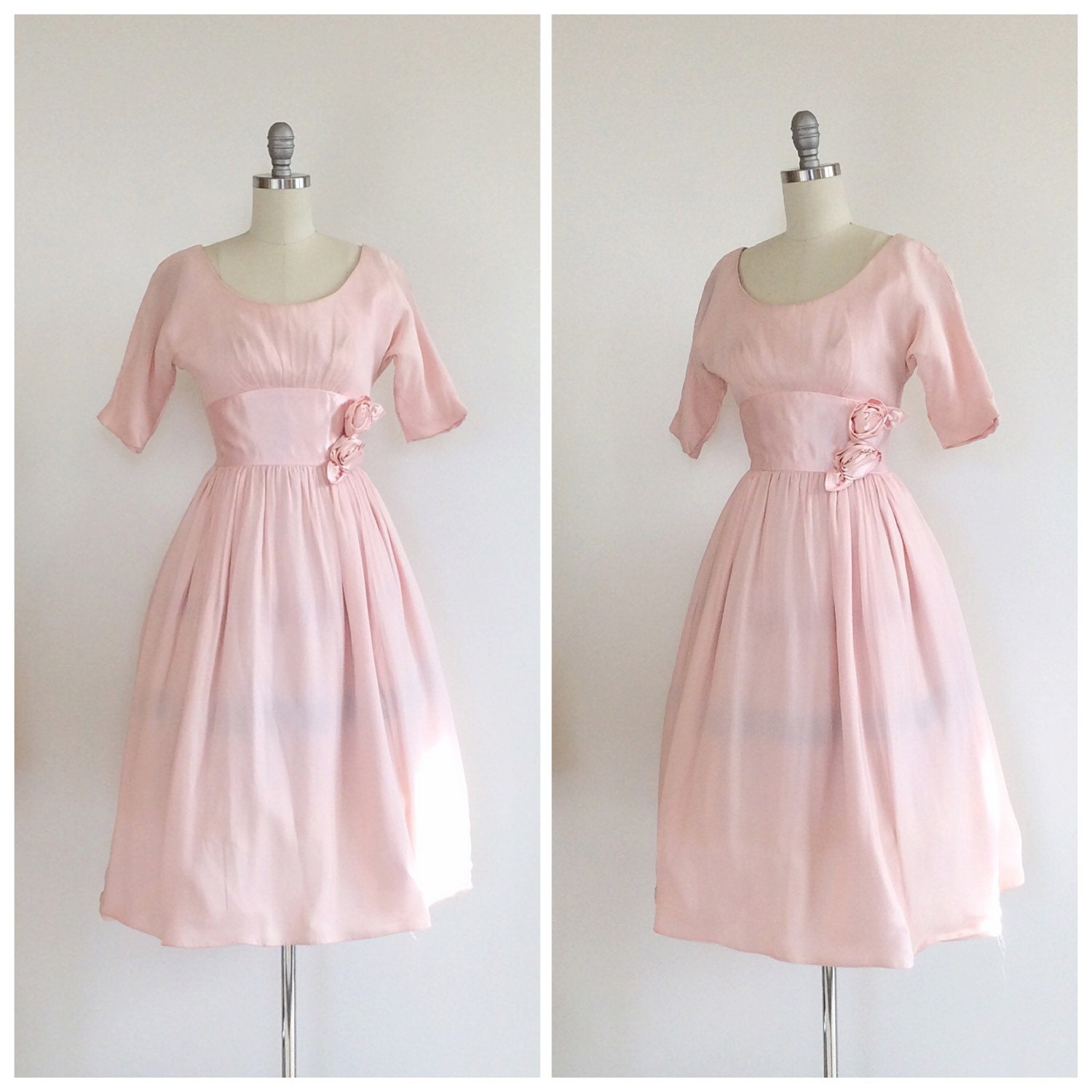50s Pink Silk Chiffon Party Dress / 1950s Vintage Floral Prom