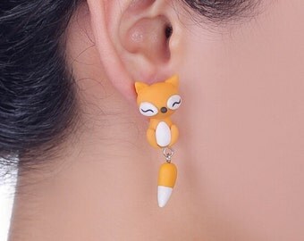 Fox Earrings Polymer Clay Jewelry Charms Gift for Women New Design Bohemian Hipster Cool Stud Animal Ear and Tail