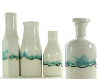 Apothecary bottle ceramic bud vase with landscape painting. Medicine bottle ceramic vase with green and blue glazes. Great chemistry gift!