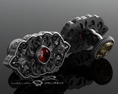 Engraved cuff links with blood red garnet. 14kt European gold and 925 English Sterling. Large ornate damask steampunk gothic victorian mens.