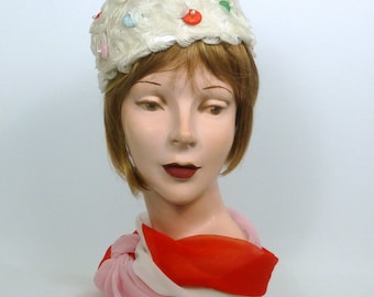 White Woven Horsehair Crin Pillbox Hat - Vintage Straw Dots - Hand Blocked and Sewn - Mother of the Bride - Church - Wedding