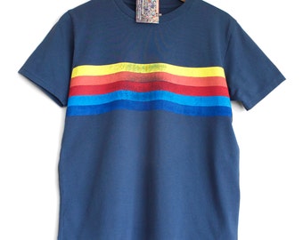 RETRO STRIPES t shirt. 100% organic cotton t-shirt. Hand printed. Blue shirt. Rainbow stripes. Rainbow t-shirt