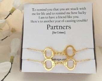 Best friend gift,Partners in crime bracelets-Set of -2,Gold Handcuff bracelet,BFF,with Friendship Quote,best friend,Long Distance Friend
