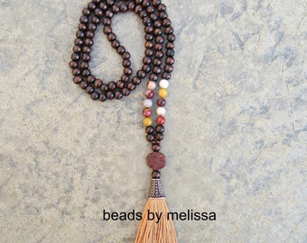 wood 108 mala beads with elephant and handmade by BeadsByMelissa