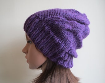 Purple Slouchy Knitted Hat, Purple Chunky Knit Beanie, Cable Knit Hat. Handmade and Knitted Acrylic Yarn Hat. Purple Vegan Hat. Warm Hat