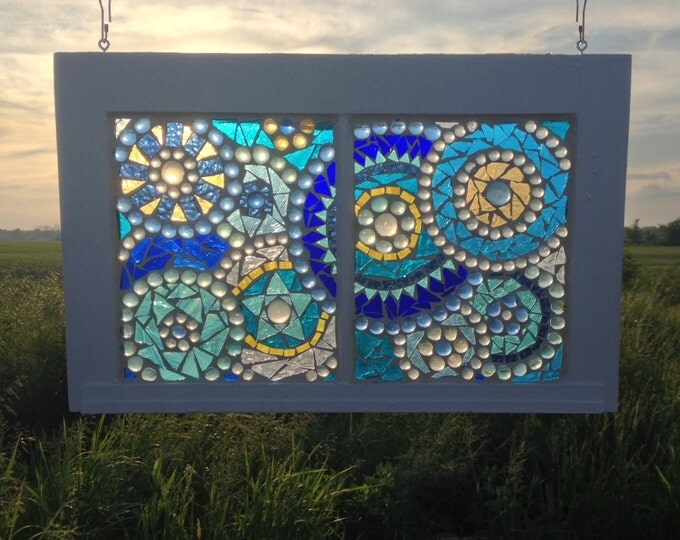 Blue Stained Glass Panel  Blue Circle Abstract Mosaic Turquoise Stained Glass Repurposed Window Turquoise Blue Glass Mosaic 24 1/4